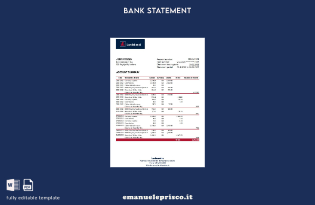 modello Excel di estratto conto bancario Landsbankinn islandese in stile verific